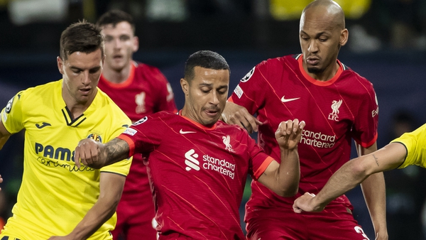 Thiago and Fabinho in action against Giovanni Lo Celso of Villarreal during the Champions League semi-final second leg