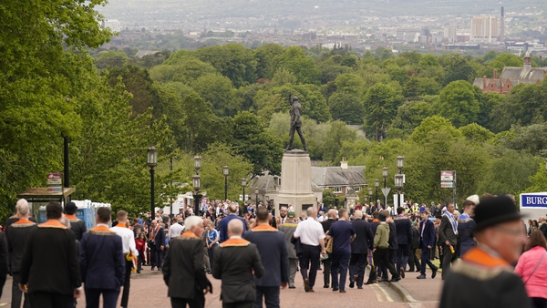Orangemen file past the statue of Edward Carson at Stormont before the start of the Northern Ireland centenary parade today