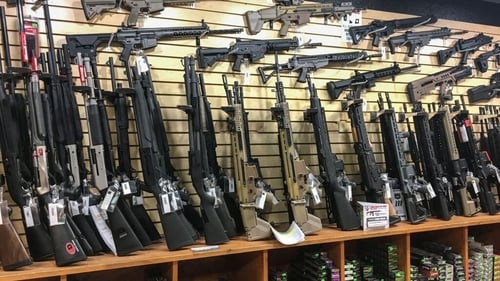 Semi-automatic rifles are seen for sale in a gun shop in Las Vegas, Nevada