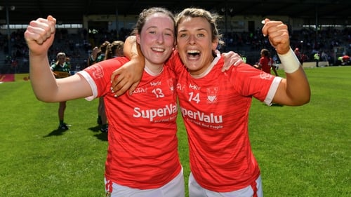 Aine O'Sullivan, left, and Doireann O'Sullivan celebrate Cork's victory at Fitzgerald Stadium in Killarney