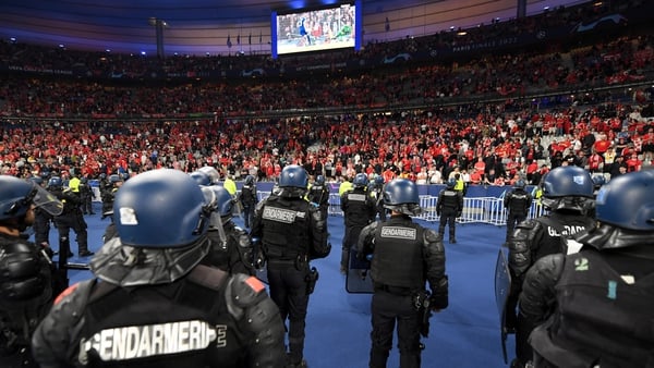 A heavy police presence in front of the Liverpool fans at the Stade de France on 28 May