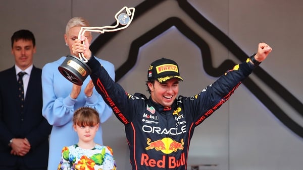 Sergio Perez celebrates his third career win in Formula One