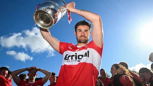 Derry captain Chrissy McKaigue celebrates with the Anglo Celt Cup