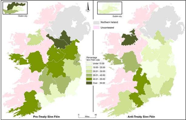 Map showing proportion of pro and anti Treaty Sinn Fein votes