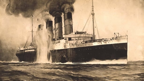 A drawing made for the New York Herald and the London Sphere shows the R.M.S. Lusitania as a second torpedo hits behind a gaping hole in the hull. Photo: Library of Congress
