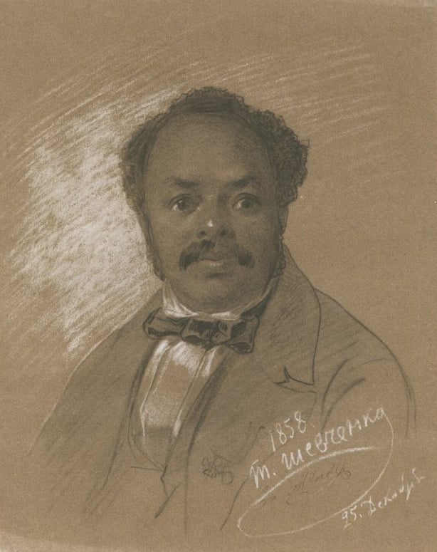 Portrait of Ira Aldridge, a pastel image of a smiling, round raced Black man, by Taras Shevchenko_ 1858