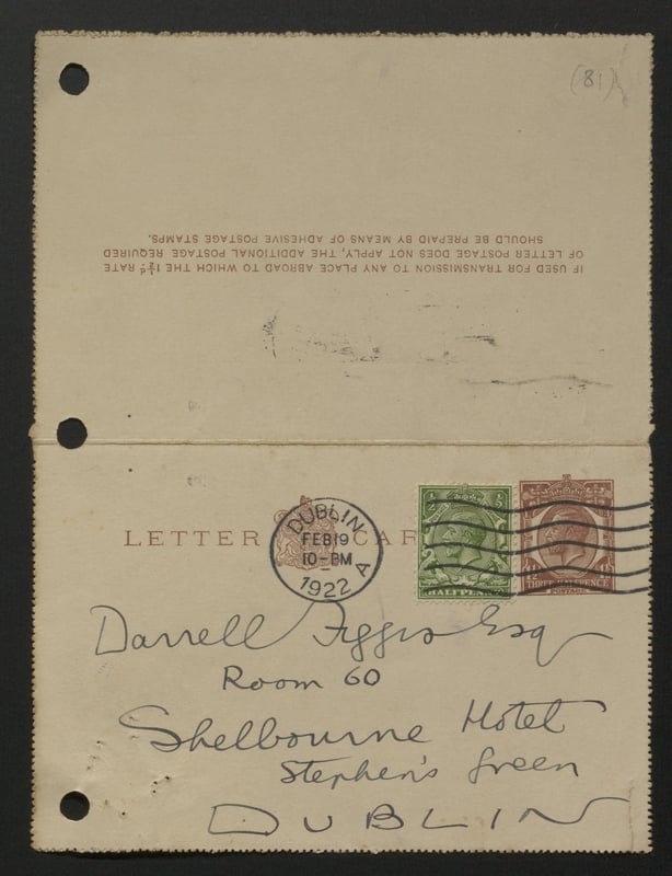 NAI, DE/9/15/2 (81): Envelope addressed to the acting Chairman, Darrell Figgis, at the Committee's office in the Shelbourne Hotel, St Stephen's Green, February 1922