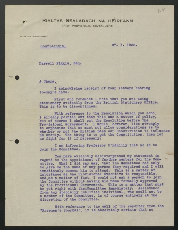 NAI, DE/9/15/3 (47-48): Letter from Michael Collins to Darrell Figgis regarding the administration of the Committee including the use of British Stationery Office paper, the appointment of new members, press queries, and the use of the Shelbourne Hotel as an office.
