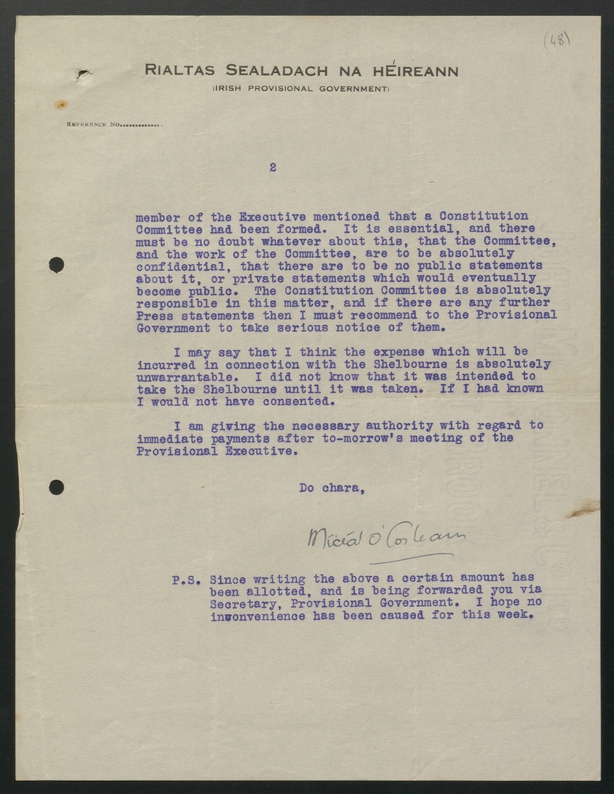 NAI, DE/9/15/3 (47-48): Letter from Michael Collins to Darrell Figgis regarding the administration of the Committee including the use of British Stationery Office paper, the appointment of new members, press queries, and the use of the Shelbourne Hotel as an office.