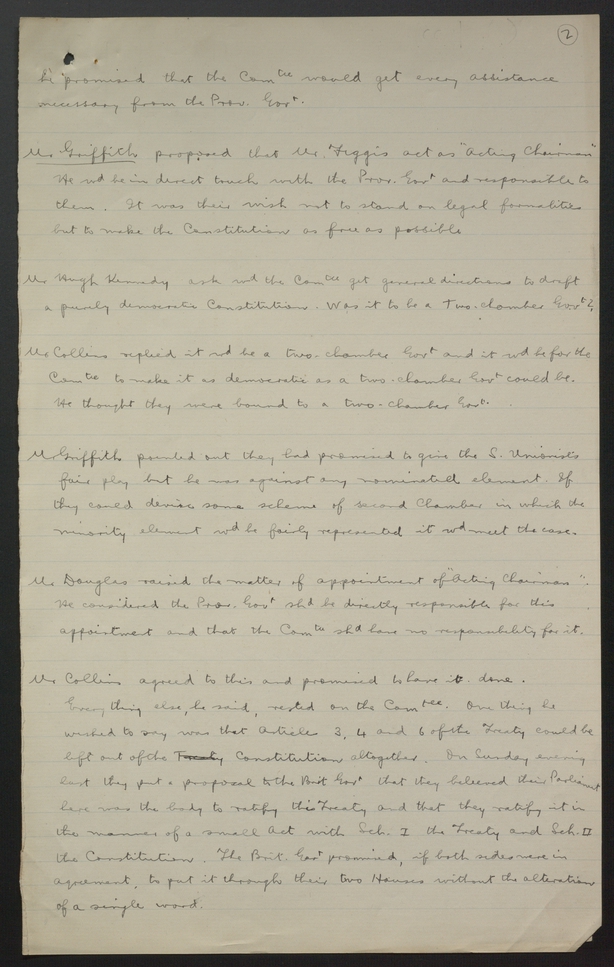 NAI, DE/9/12/3 (1-2): Manuscript notes on the first Constitution Committee meeting, Mansion House, 24 January 1922. Notes by [RJP Mortished?] include Michael Collins' opening address and Arthur Griffith's proposal for Darrell Figgis to become acting Chairman.