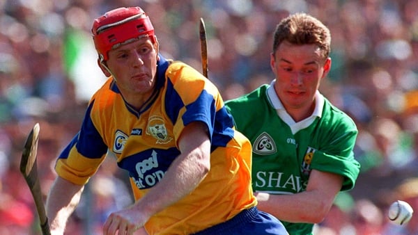 Current Clare manager Brian Lohan (L) in action against Owen O'Neill in 1996. Limerick manager John Kiely was on the Treaty panel that day