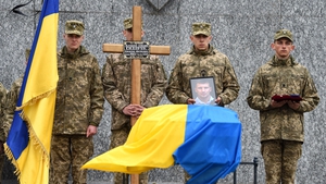 Ukrainian servicemen attend a funeral of serviceman Dmytro Sydoruk, a silver medalist of Invictus Games, killed in Lviv on 21 April