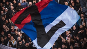 Partizan supporters wave a Serbian flag with the letter Z during the Serbian SuperLiga Play-Off match between Crvena Zvezda and Partizan Belgrade in Belgrade on 16 April. The "Z" has become a symbol of support for Russian military action in Ukraine
