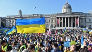 Trafalgar Square, during a 'London stands with Ukraine' protest march and vigil on 26 March