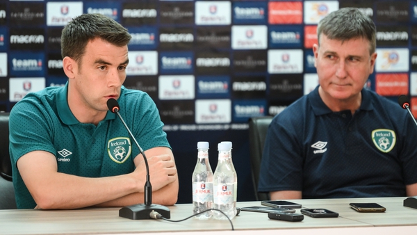 Seamus Coleman and Stephen Kenny speaking to the media in Yerevan