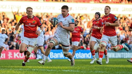 Nick Timoney sprints clear to score the fourth of Ulster's five tries