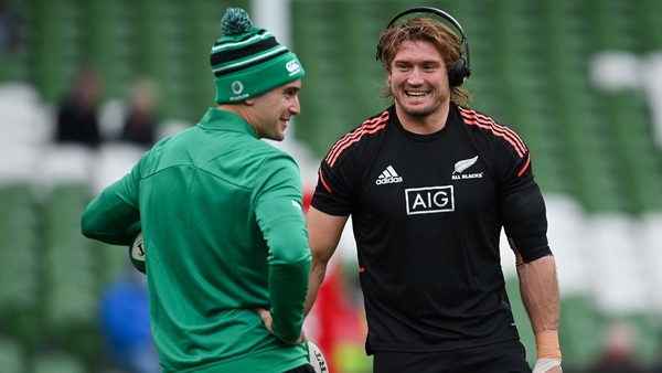 Ethan Blackadder speaks with James Lowe prior to New Zealand's clash with Ireland at the Aviva Stadium last November, a game the hosts won 29-20