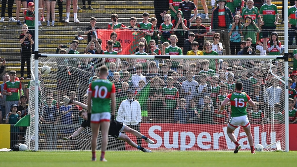 Cillian O'Connor rifles home a first-half penalty against Monaghan