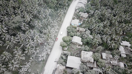 An aerial shot of houses covered with ash after the sudden eruption of the Bulusan Volcano in the eastern Philippines