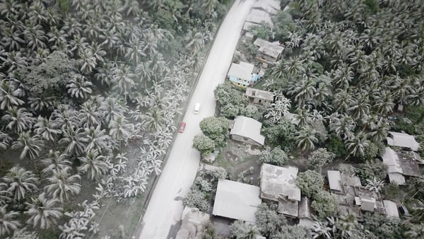 An aerial shot of houses covered with ash after the sudden eruption of the Bulusan Volcano in the eastern Philippines