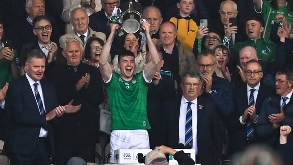 Limerick captain Declan Hannon lifts the Mick Mackey Cup