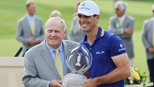 Billy Horschel poses with Jack Nicklaus after winning the trophy