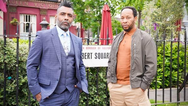 (L-R) Avery (played by Omar Lye-Fook) is joining Mitch (Roger Griffiths) in Albert Square this summer
