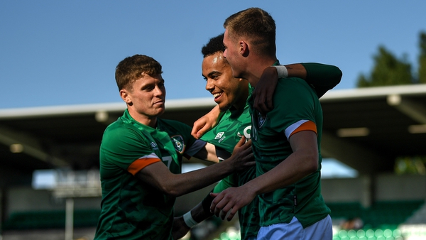Tyreik Wright of Republic of Ireland celebrates with team-mates Gavin Kilkenny, left, and Evan Ferguson