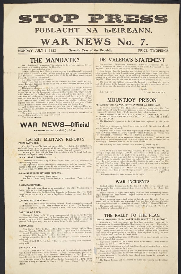 An Phoblacht front page from July 1922