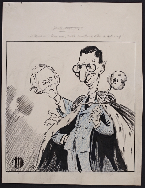 Cartoon showing King de Valera and the alleged power behind the throne Erskine Childers