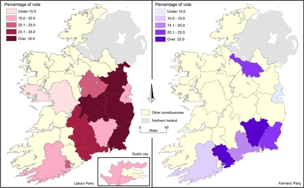 Maps showing the share of first-preference votes for Labour Party left and Farmers Party right candidates in the general election of 16 June 1922 1