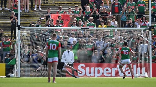 Cillian O'Connor slams home the ultimately decisive penalty against Monaghan in last weekend's qualifier