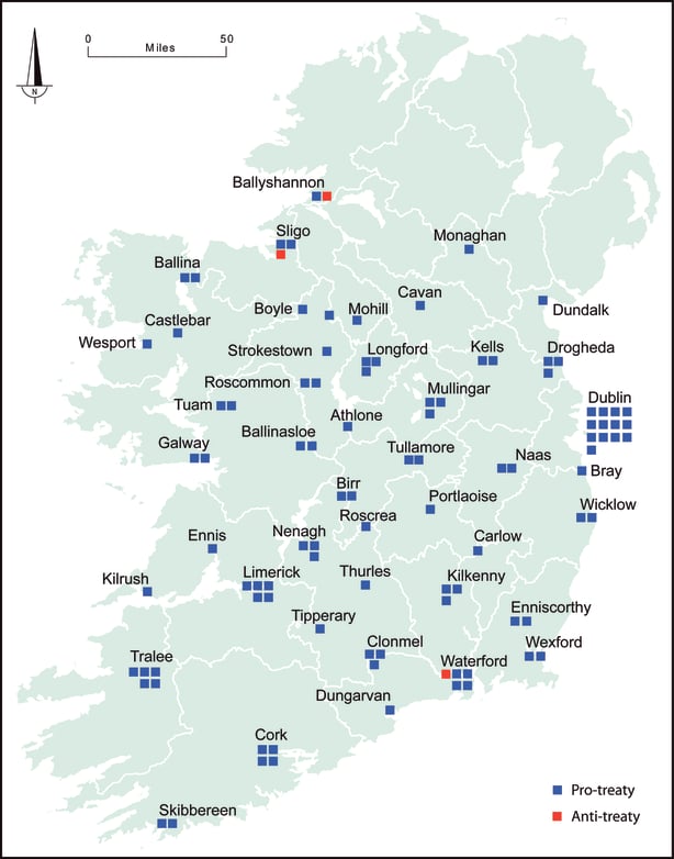 Map showing the positions taken on the Treaty by the approximately 100 daily and weekly commercial as distinct from political-mouthpiece newspapers being published in the twenty-six counties in January 1922 1