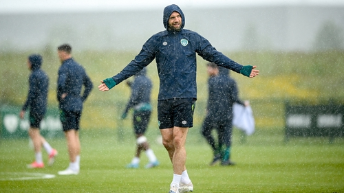 Shane Duffy caught in the rain at Abbotstown