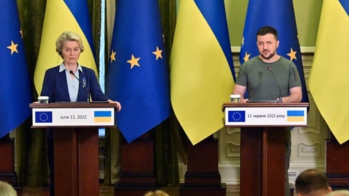 Ursula von der Leyen praised Volodymyr Zelensky during video-link address to Ukraine parliament (file image)