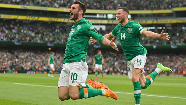 Troy Parrott celebrates Ireland's second goal against Scotland