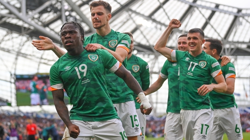 Michael Obafemi and team-mates celebrate Ireland's third goal against Scotland