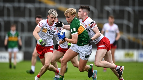 Kerry's Odhran Ferris in action against Barry McMenamin, left, and Eoin McElholm