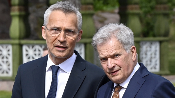 Finnish President Sauli Niinisto, right, and NATO Secretary General Jens Stoltenberg are pictured at the presidential summer residence in Naantali, Finland, today