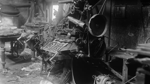 Destroyed printing equipment at the Freeman Journal offices in Dublin, during the Irish Civil War. Photo: Walshe/Topical Press Agency/Getty Images