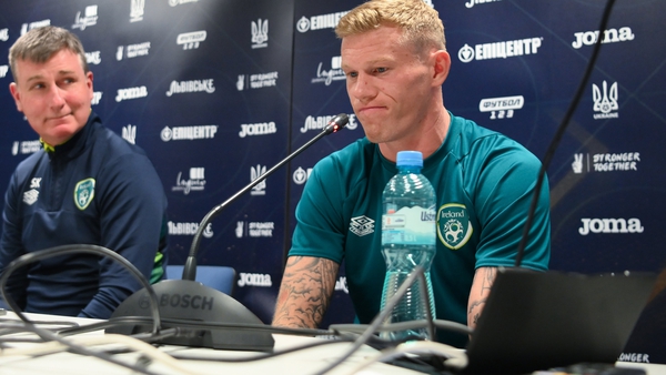 James McClean with his manager at the pre-match press conference in Lodz