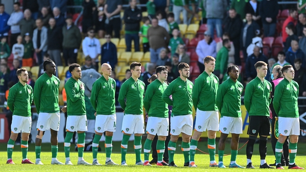 The Republic of Ireland line up for the anthems before the clash with Montenegro
