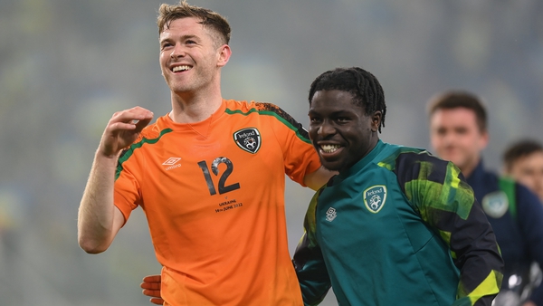 Nathan Collins and Festy Ebosele after Ireland's 1-1 draw against Ukraine.