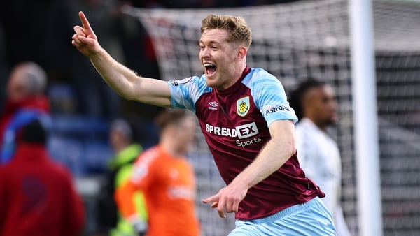Nathan Collins after scoring in Burnley's win over Everton in April