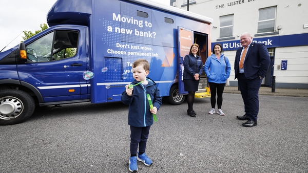 PTSB's Eddie Kearney and Kay Patton with Karen and Alex Maguire with a Permanent TSB Mobile Branch outside Ulster Bank's Ballyjamesduff branch