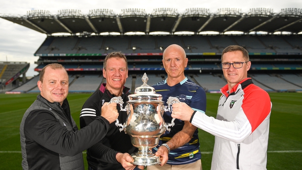 (L to R): Cavan manager Mickey Graham, Westmeath manager Jack Cooney, Offaly manager John Maughan and Sligo manager Tony McEntee at Croke Park for the semi-final launch