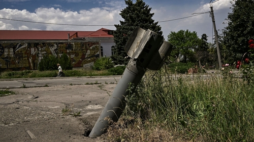 The tail of a rocket is nailed into a pavement in the city of Lysychansk at the eastern Ukrainian region of Donbas