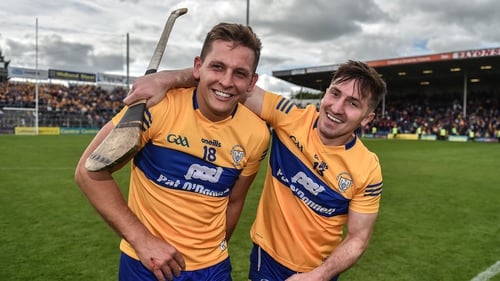 Clare players Aron Shanagher, left, and Ian Galvin celebrate victory over Wexford