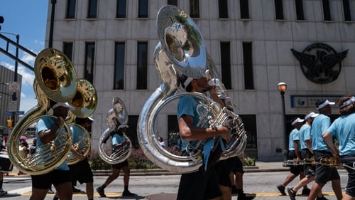 Children from the Atlanta Public School system play in a marching band for Juneteenth celebrations