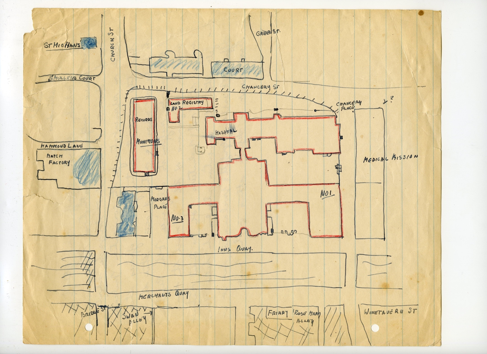 Image - IRA officer Ernie O'Malley's own hand-drawn plan of the Four Courts (Credit: Reproduced by kind permission of UCD Archives. The Papers of Ernie O'Malley, UCDA P17a/304)